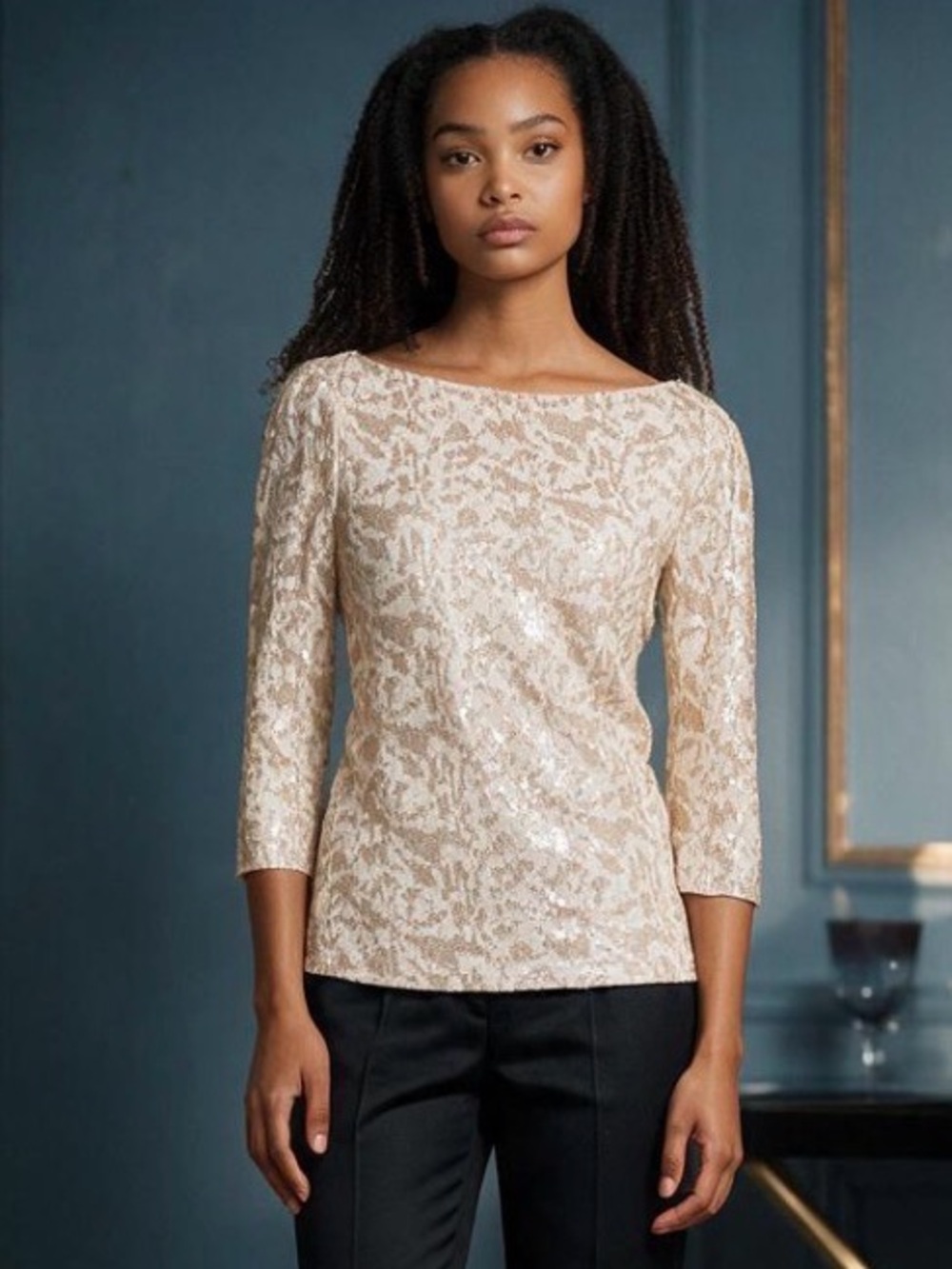Banana Republic Vintage Sequin Lace Boatneck Top Cream Sequins Size 2 Holiday